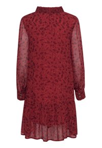 Robe longue rouge transparente à manches longues avec motif floral, col haut à volants, poignets boutonnés et ourlet à volants.