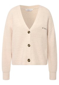 Beige pletený kardigan s výstřihem do V, třemi hnědými knoflíky, dlouhými rukávy a výšivkou "STUDIO" na levé části hrudi.