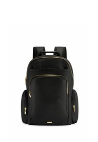 Czarny syntetyczny plecak o eleganckim designie, z zamkami w kolorze złotym, kieszenią na zamek z przodu oraz wyściełanymi szelkami.