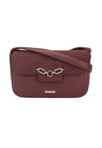 Borsa a tracolla in ecopelle bordeaux con un flap anteriore, accessori in oro, accentuazione di catena e pannello in suede testurizzato; marchiata nella parte inferiore.