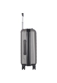 Valise à coque dure de cabine en gris mat, dotée d'une poignée télescopique, d'une base à roulettes lisse et d'une surface texturée et durable.