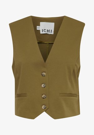 Olive zaļš bez piedurknēm jaciņa ar dziļu V veida izgriezumu, ar piecām pogām priekšā un divām sānu kabatām. Gluda auduma ar tīru apdari.