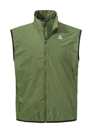 Grüner ärmelloser Weste aus leichtem Stoff, mit hohem Kragen, durchgehendem Reißverschluss, Seitentaschen und schwarzen Abschlüssen.