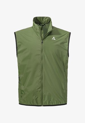 Grüner ärmelloser Weste aus leichtem Stoff, mit hohem Kragen, durchgehendem Reißverschluss, Seitentaschen und schwarzen Abschlüssen.