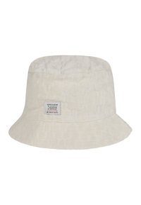Crème bucket hat gemaakt van textuurstof met een patroon op het oppervlak. Voorzien van een gestikte label met de merknaam.