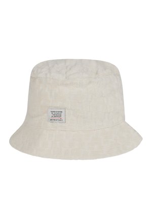 Crème bucket hat gemaakt van textuurstof met een patroon op het oppervlak. Voorzien van een gestikte label met de merknaam.