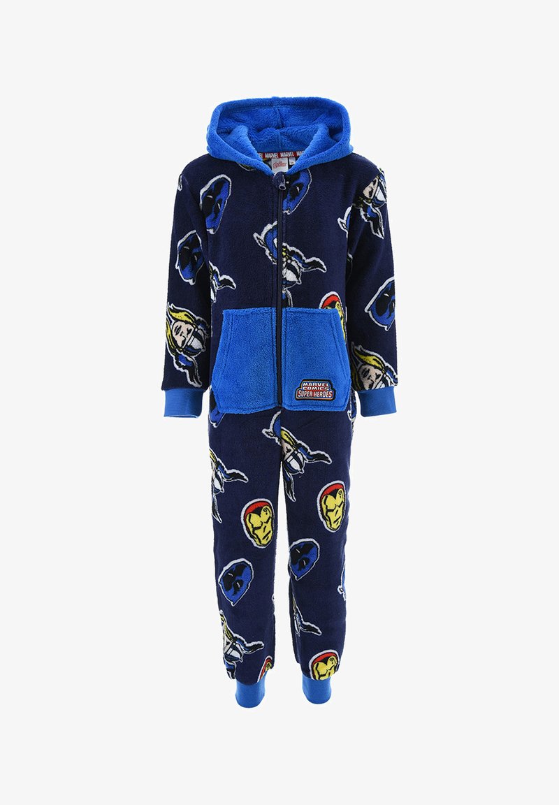 Mono de forro polar azul marino con capucha, que presenta patrones de superhéroes de Marvel en colores vibrantes. Incluye una cremallera frontal y bolsillo. Textura suave.