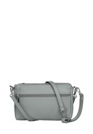 Gray leather crossbody bag with two zippered compartments, textured surface, adjustable strap, and silver-tone hardware accents.