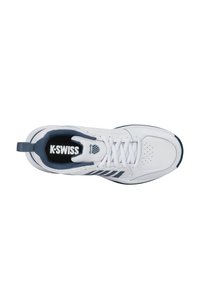 White athletic shoe with navy accents, featuring a perforated upper, lace closure, logo, and heel loop for easy wear.