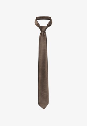 Cravate en soie marron avec un petit motif géométrique discret, nouée d’un simple nœud, présentée sur fond blanc.