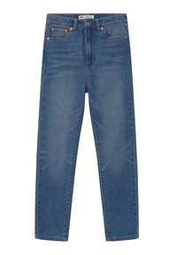 Pantalones vaqueros de mezclilla azul con corte recto, que presentan cinco bolsillos, remaches de cobre y un ligero desgaste en la parte delantera y trasera.