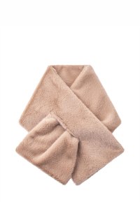 Écharpe en fausse fourrure couleur beige clair avec une texture douce. Elle présente une forme rectangulaire et une surface lisse et duveteuse sans attaches visibles.