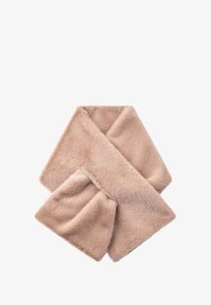 Écharpe en fausse fourrure couleur beige clair avec une texture douce. Elle présente une forme rectangulaire et une surface lisse et duveteuse sans attaches visibles.