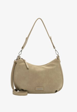 Beżowa torebka na ramię z ekoskóry z regulowanym paskiem, zamkiem błyskawicznym i małą plakietką z logo EMILY & NOAH na przodzie.