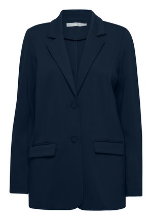 Mørkeblå blazer med skjerf revers, to frontlommer og to knapper. Glatt stoff med skreddersydd form og rene linjer.