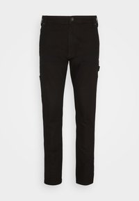 Pantalones cargo negros hechos de una mezcla de algodón. Con cierre de botón, bolsillos laterales y un diseño ajustado con detalles en las rodillas.