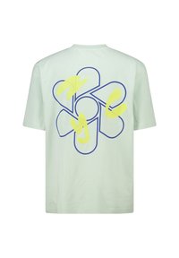 Light green cotton t-shirt featuring a large blue and neon yellow graphic design of overlapping shapes on the back. Short sleeves, crew neck.