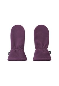 Violette Fleece-Handschuhe mit einer abgerundeten Oberseite und einem elastischen Handgelenk. Weiche Textur mit einem breiten, ausgestellten Bündchen und einem kleinen Markenetikett an der Seite.