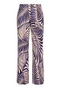 Pantalons à jambe large en tissu léger, avec un fond crème orné de motifs de feuilles de palmier bleu marine audacieux. Taille élastique pour plus de confort.