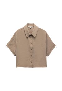 Lyhythihainen beige cropped-paita, jossa on nappikiinnitys, pehmeä pinta ja klassinen kaulus. Minimalistinen muotoilu ilman kuvioita tai yksityiskohtia.