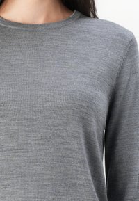 Gray long-sleeve knit top featuring a round neckline, soft texture, and a subtle heathered pattern. Seam details are visible near the shoulders.