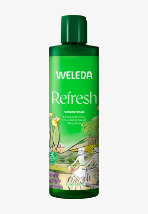 Grüne Plastikflasche der Weleda Refresh Duschcreme mit einem zitronigen Etikett, versehen mit Illustrationen und Text in Weiß und Blau. 400 ml.