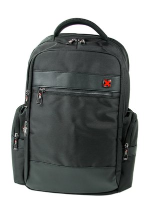 Zwarte nylon rugzak met meerdere met rits afsluitbare vakken, zijvakken, gevoerd handvat en rood kruis logo op het voorvak.