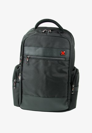 Zwarte nylon rugzak met meerdere met rits afsluitbare vakken, zijvakken, gevoerd handvat en rood kruis logo op het voorvak.