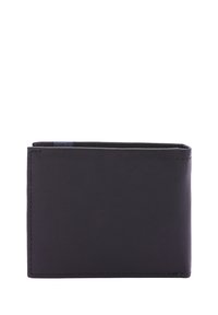 Portafoglio in pelle nera con design a doppia piega, caratterizzato da una superficie liscia e cuciture a contrasto. Forma compatta con un lieve dettaglio di branding.