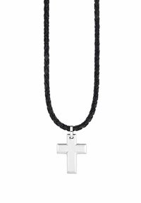 Pendente a forma di croce argentata su una collana con cordino intrecciato nero. La croce presenta una superficie lucida; il cordino appare texturizzato con una finitura liscia.