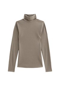 Turtleneck top in lichtbruin, gemaakt van ribbelstof. Beschikt over lange mouwen en een getailleerde pasvorm, met een hoge kraag.