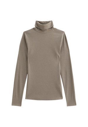 Turtleneck top in lichtbruin, gemaakt van ribbelstof. Beschikt over lange mouwen en een getailleerde pasvorm, met een hoge kraag.