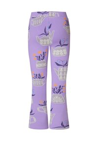 Fioletowe legginsy z wzorem czajników i kwiatów w kolorze białym, pomarańczowym i niebieskim. Wykonane z elastycznego materiału o rozszerzanym kroju.