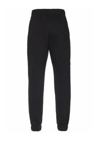 Schwarze Jogginghose aus weichem Stoff, mit elastischem Bund, Bündchen an den Knöcheln und seitlichen Taschen. Glatte Textur ohne sichtbare Muster.