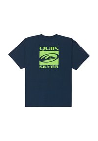 Marineblå t-skjorte laget av bomull. Har et stort neon grønt grafikk på baksiden med teksten "QUIK SILVER" og et symbolsk logo.