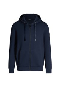 Marineblaue Zip-Hoodie aus weichem Material, mit Kängurutasche, verstellbarem Kapuzenzug und gerippten Bündchen für einen figurschmeichelnden Look.
