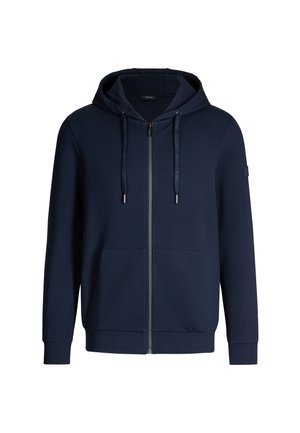 Marineblauwe zip-up hoodie gemaakt van zachte stof, met een kangoeroezak, een capuchon met trekkoord en ribgebreide manchetten voor een aansluitende look.