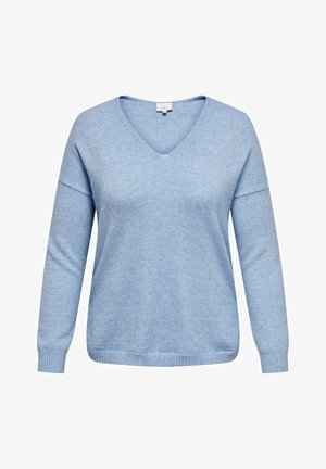Blauer V-Ausschnitt-Pullover aus weichem Strickstoff, mit langen Ärmeln und gerippten Saumdetails sowie einer lässigen Passform.