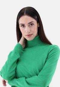 Grüner, langärmeliger Pullover mit Stehkragen aus weichem Stoff, mit eng anliegenden Ärmeln und glatter Textur, getragen von einer Person mit langen Haaren.