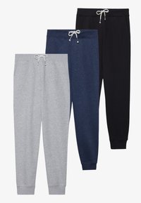 Tre par med joggebukser: grå, marineblå og svart. Hver av dem har elastisk midje med snor og ankelmanchett. Myk stoffkvalitet.