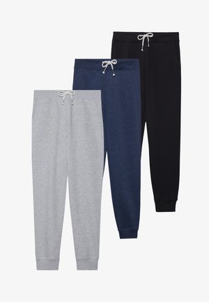 Drie paar sweatpants: grijs, marineblauw en zwart. Elk heeft een elastische tailleband met trekkoord en enkelmanchetten. Zachte stof.