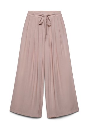 Pantaloni largi a gamba larga, vita alta, color malva, con pieghe e cintura in tessuto abbinato annodata a fiocco sulla fascia in vita anteriore.