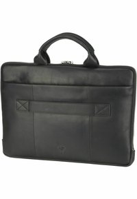 Borsa per laptop in pelle nera con doppi manici, chiusura con cerniera, tasca frontale con una tracolla decorativa e logo impresso in modo discreto nella parte inferiore.