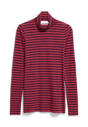 Chandail à col roulé à manches longues avec des rayures horizontales rouges et bleu marine, fabriqué à partir d'un tissu doux avec un design décontracté et ajusté.