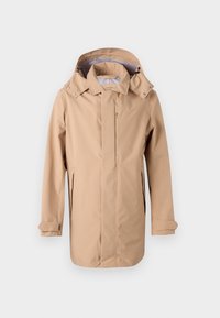 Beige vandtæt jakke med hætte, front lynlås og sidelommer. Har en let afslappet pasform og justerbare manchetter. Glat tekstur.