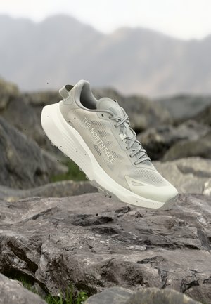 Svetlo sivi copat The North Face v zraku nad skalnatim terenom z zamegljenim gorskim ozadjem.