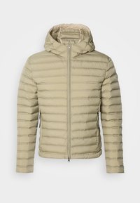 Leichte, gepolsterte Jacke in hellbeige mit Kapuze, vertikalen Nähten und Frontreißverschluss. Glatte Textur mit seitlichen Taschen.