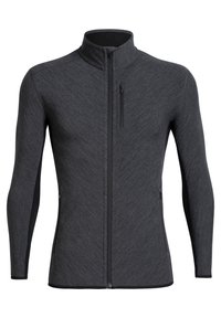 Giacca full-zip grigio scuro con colletto alto, maniche lunghe e tasche con zip sul petto e sui fianchi, mostrata su uno sfondo bianco.