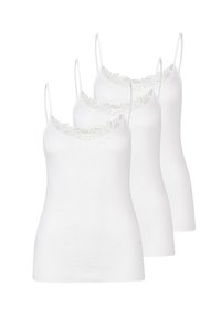 Three white camisoles with thin straps and lace trim along the neckline, arranged in a staggered formation.
