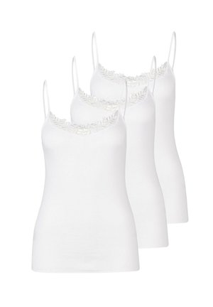 Three white camisoles with thin straps and lace trim along the neckline, arranged in a staggered formation.